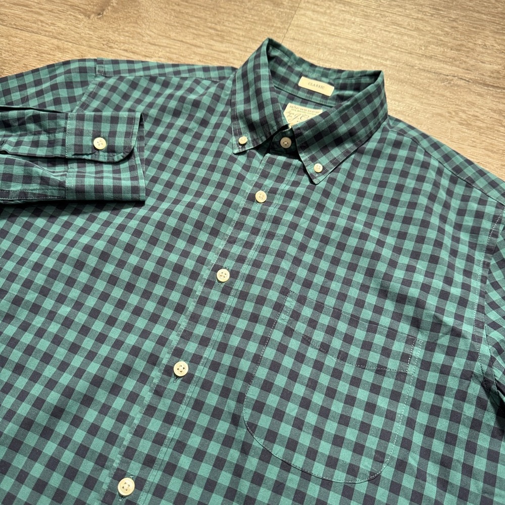 J Crew Shirt Mens Medium Green‎ Blue Gingham Check Plaid Organic Cotton Classic